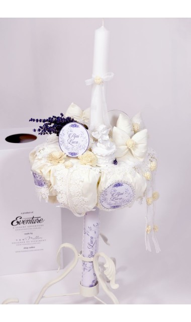 Lumanare de botez pentru baieti cu lavanda si dantela alba, 65x4cm, Cosmic Blue 2
